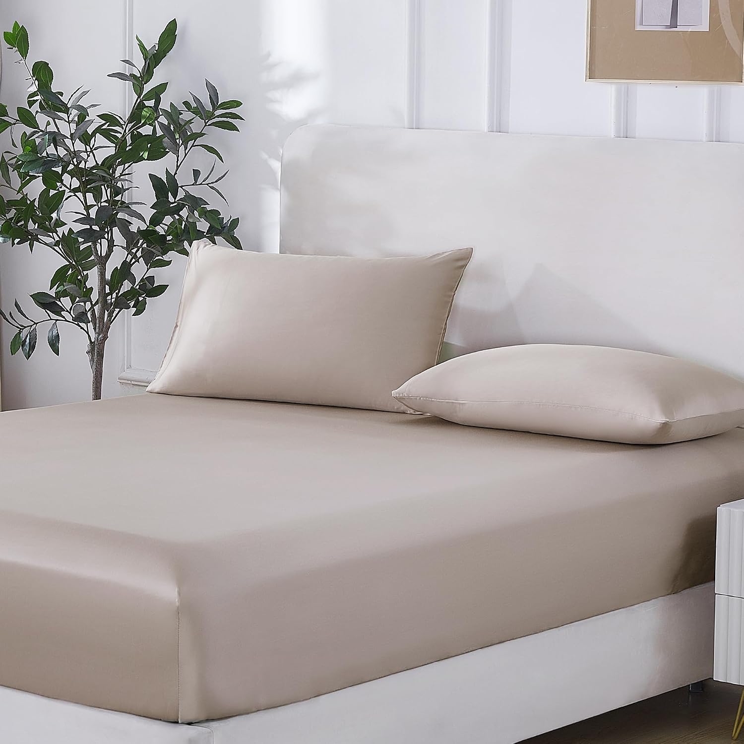 MuMullum 3PCS Queen Fitted Sheets Set, Soft Breathable Bed Sheet Set | 300TC Cotton Tencel Blended, 40cm Deep Pocket, Skin Friendly Moisture Wicking Bedding for a Luxurious