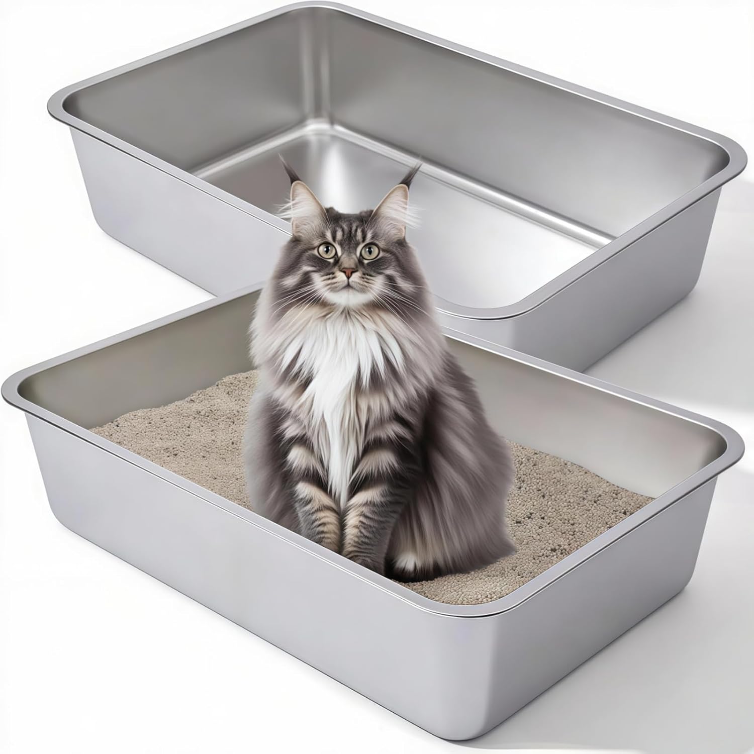 Cat Litter Box,Stainless Steel cat Litter Tray for Kitty Large or Small Cat Large or Small Cat Potty Toilet Never Absorbs Odor, Stains, or Rusts Easy Cleaning 2Pack(60 * 40 * 15CM)
