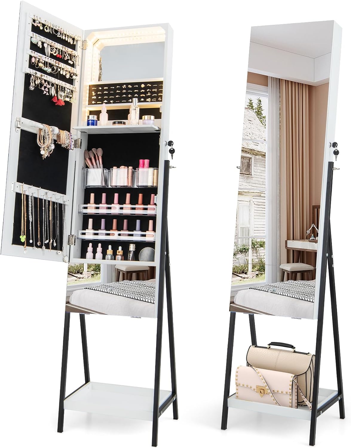 Giantex Lockable Jewelry Cabinet Armoire Freestanding Jewelry Organizer w/Full-Length Mirror, Built-in Makeup Mirror, 3-Color LED Lights, Foldable Shelf, Drawer & Bottom Shelf (White)