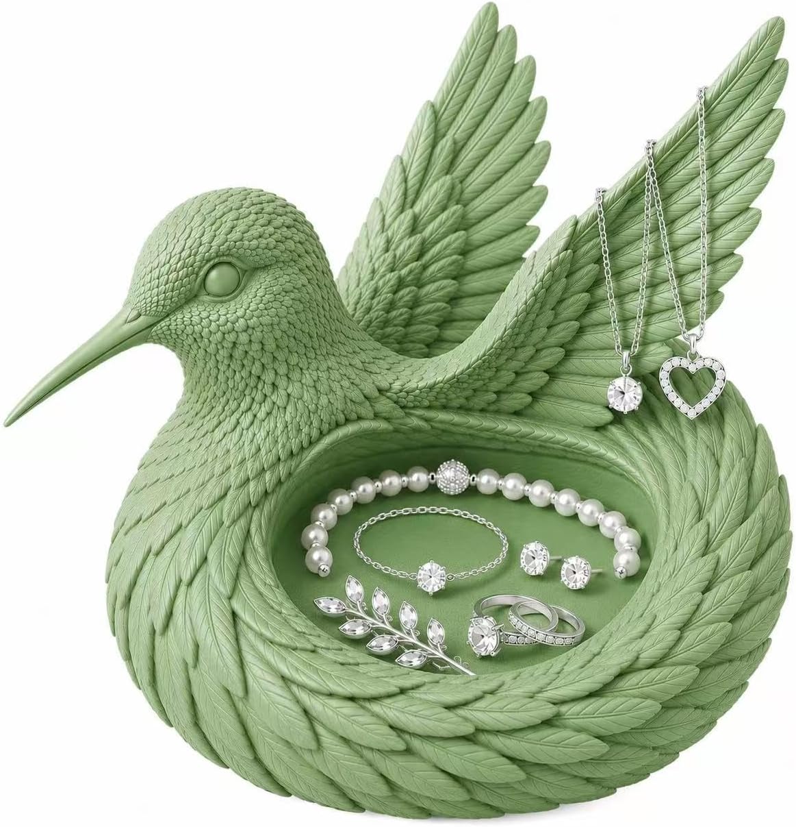 Hummingbird Jewelry Dish Ring Holder for Women, Decorative Bird Trinket Tray for Rings Earrings Necklaces Bracelets, Vanity Organizer for Dresser Bedroom Bathroom, Gift for Mom Wife Her (Green)