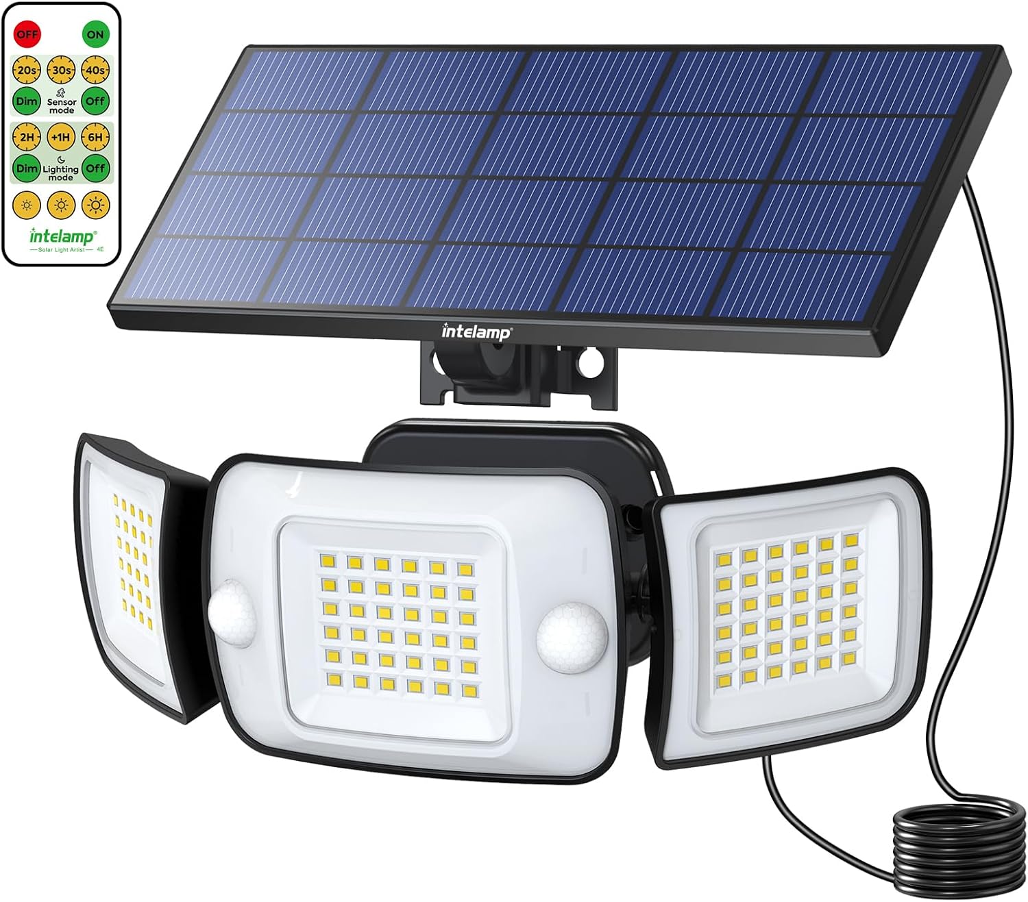 intelamp Solar Lights Outdoor, Separate Solar Panel with 9FT Cable | Dual Sensors,3 Head Solar Motion Sensor Lights, IP65 Waterproof Security Lights for Garden,Garage