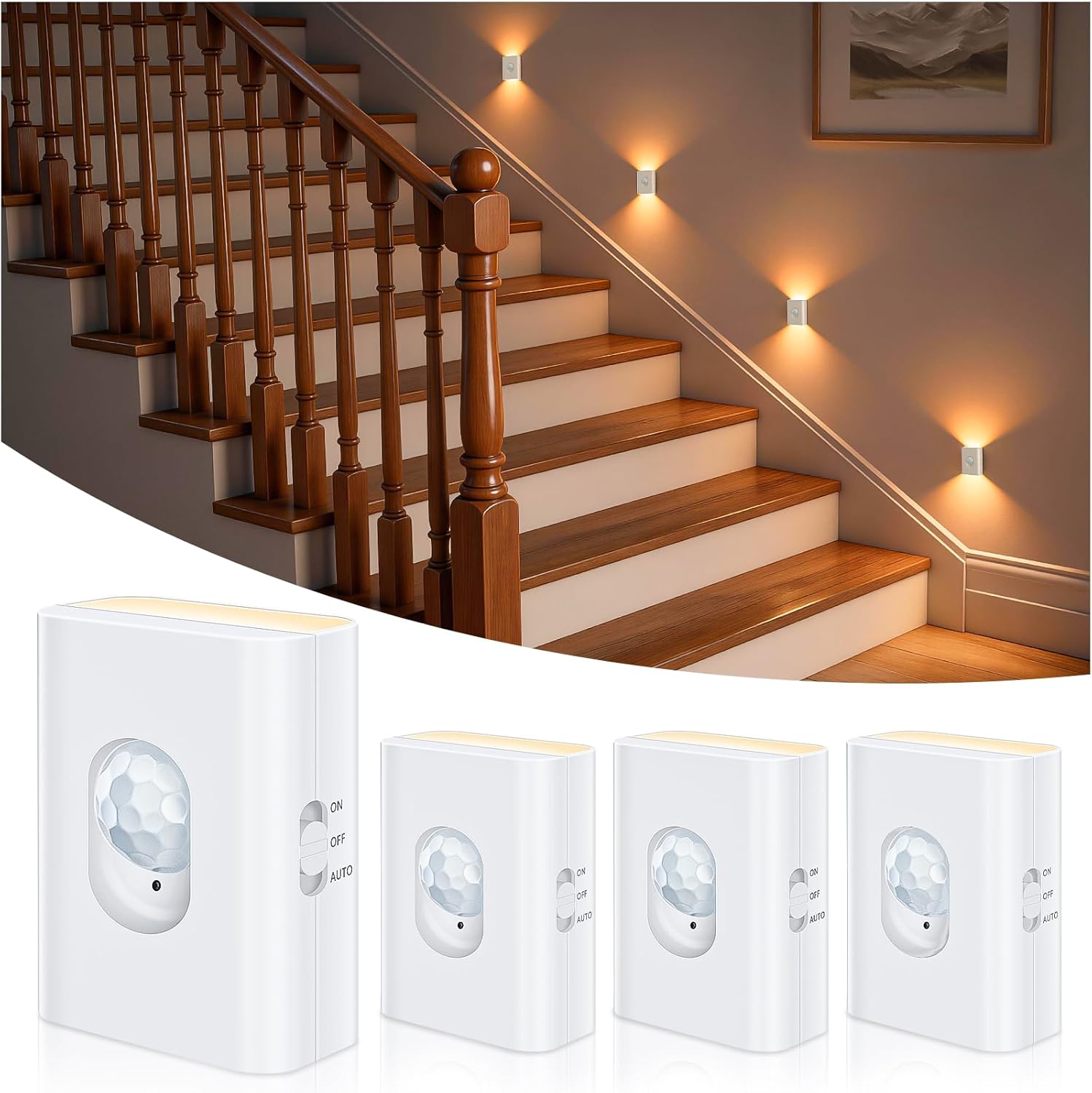 WILLED Motion Sensor Stair Lights Indoor, Rechargeable Magnetic Night Light | Wireless Stick-on Light, 3-in-1 Charging Cable, Warm White Light for Stairway, Bathroom, Bedroom, Kitchen, Closet (4 Pack)