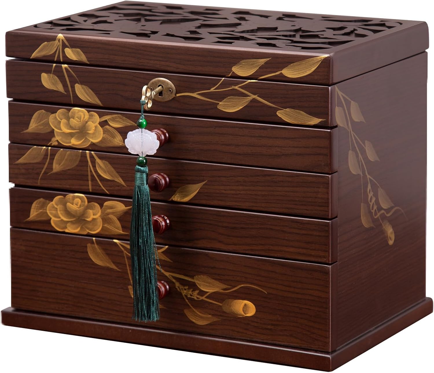 Painted Wooden Jewelry Box for Women, 6-Layer Vintage Organizer with Lock | Wood Jewelry Armoire: Necklace Hooks, Ring Slots, Dresser Drawers. Rust-Proof Velvet Lining. Antique Keepsake Gift for Her.