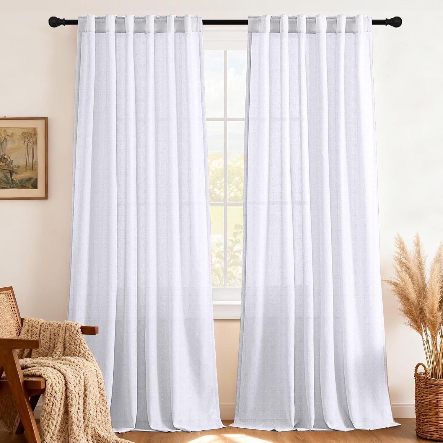 Linen Curtains Natural Linen Semi Sheer Blended Curtains Tab Top Window Treatments Panels Drapes for Living Room, Elegant Light Filtering Curtains (Set of 2, W132cm x D213cm，Pure White)