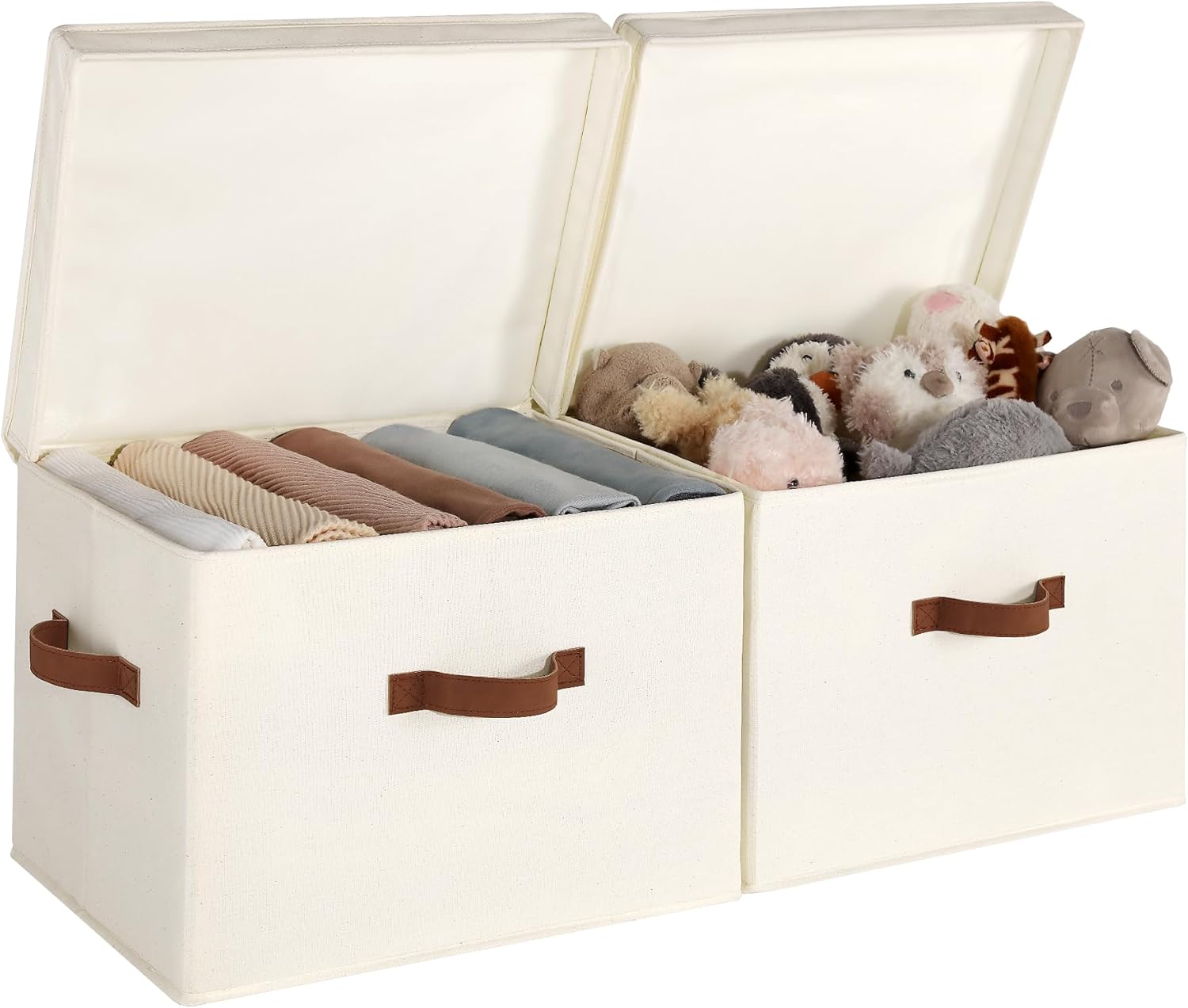 StorageWorks Fabric Storage Bins with Lid, 40L Large Linen Storage Box with Handles, Decorative Storage Boxes for Shelves, Closet Organizer Basket, Jumbo, Ivory White, 2-Pack