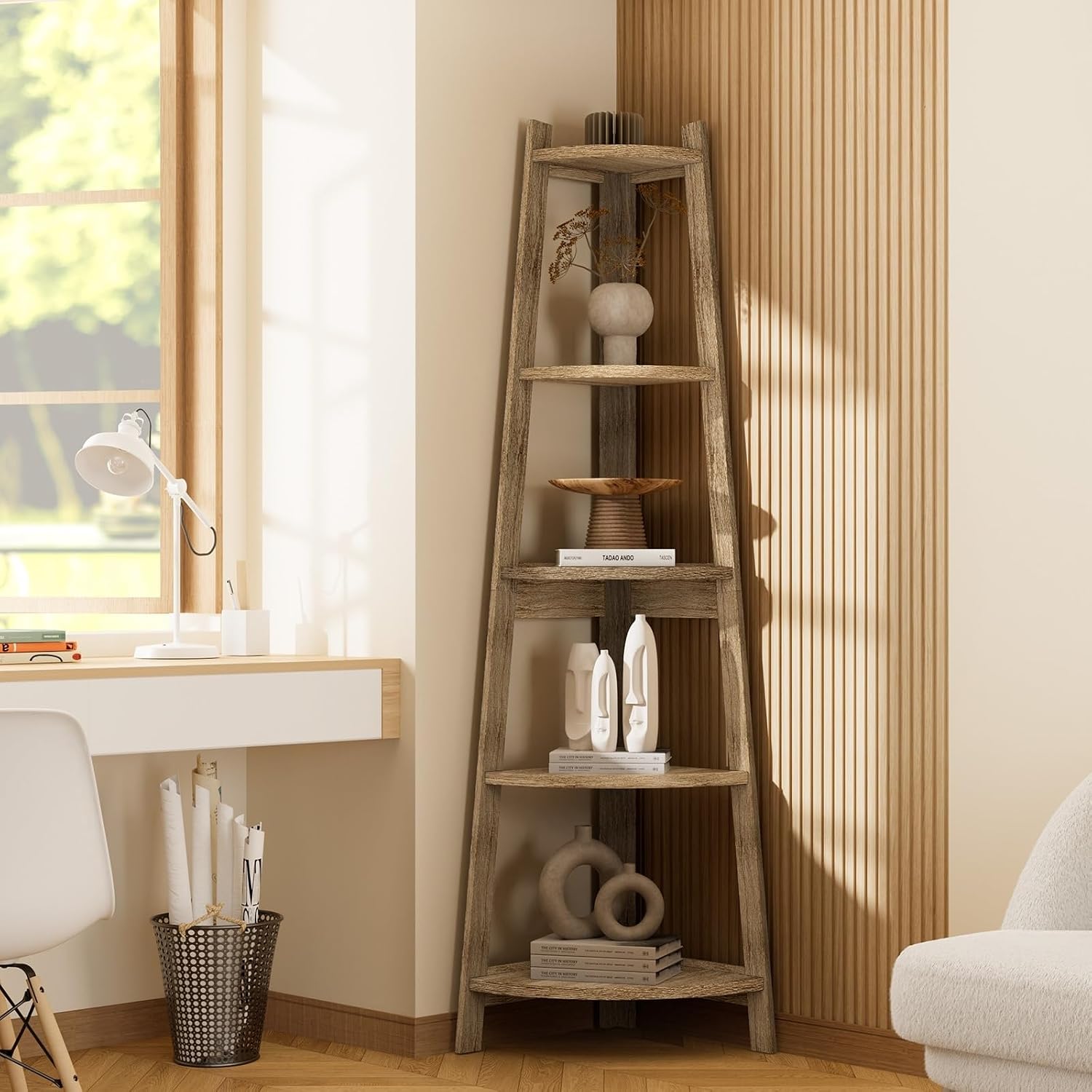 Oikiture 5-Tier Corner Ladder Bookshelf – Wooden Storage Display Shelf Natural Oak | Versatile Sturdy Space Saving