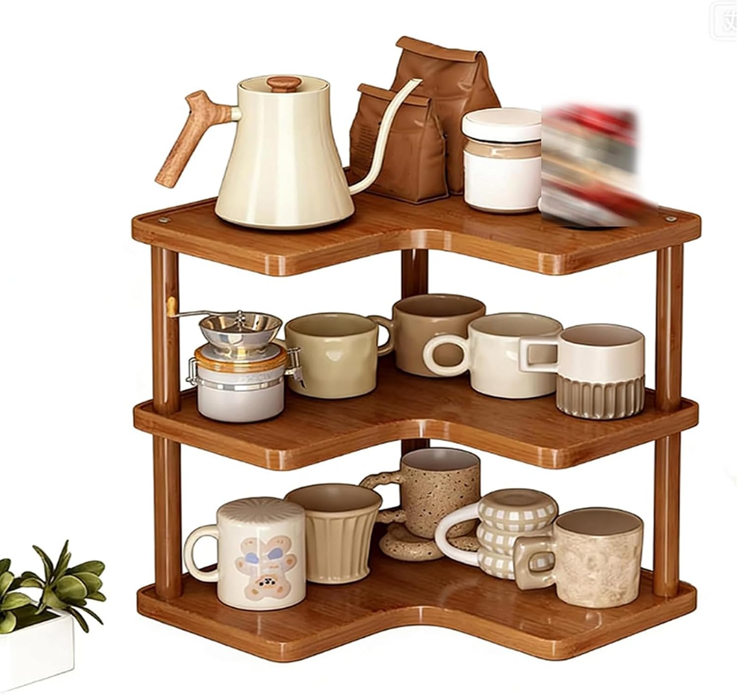 Corner Mug Organizer, 3-Tier Coffee Cup Display Rack, Kitchen Countertop Spice Storage Rack, Space-Saving, for Tea Coffee Bar Accessories, Book, Plant, Decor