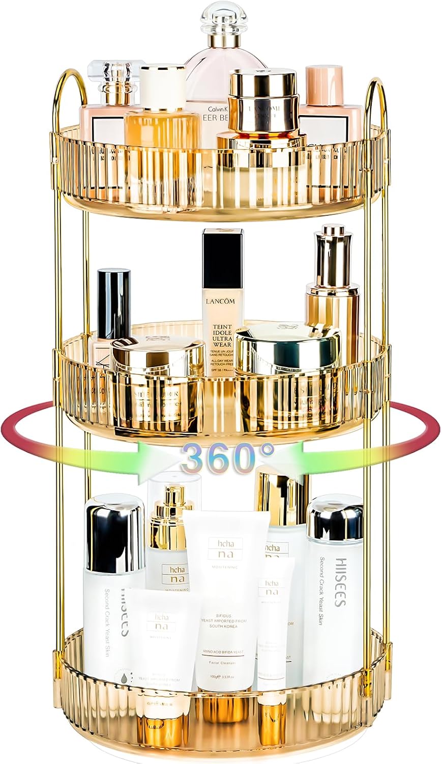 360 Rotating Makeup Organizer for Vanity, Large Capacity Spinning Perfume Organizer, Bathroom Organizer, Cosmetic Skincare Holder Organizer for Countertop (Vibrant orange, 3 Tier)
