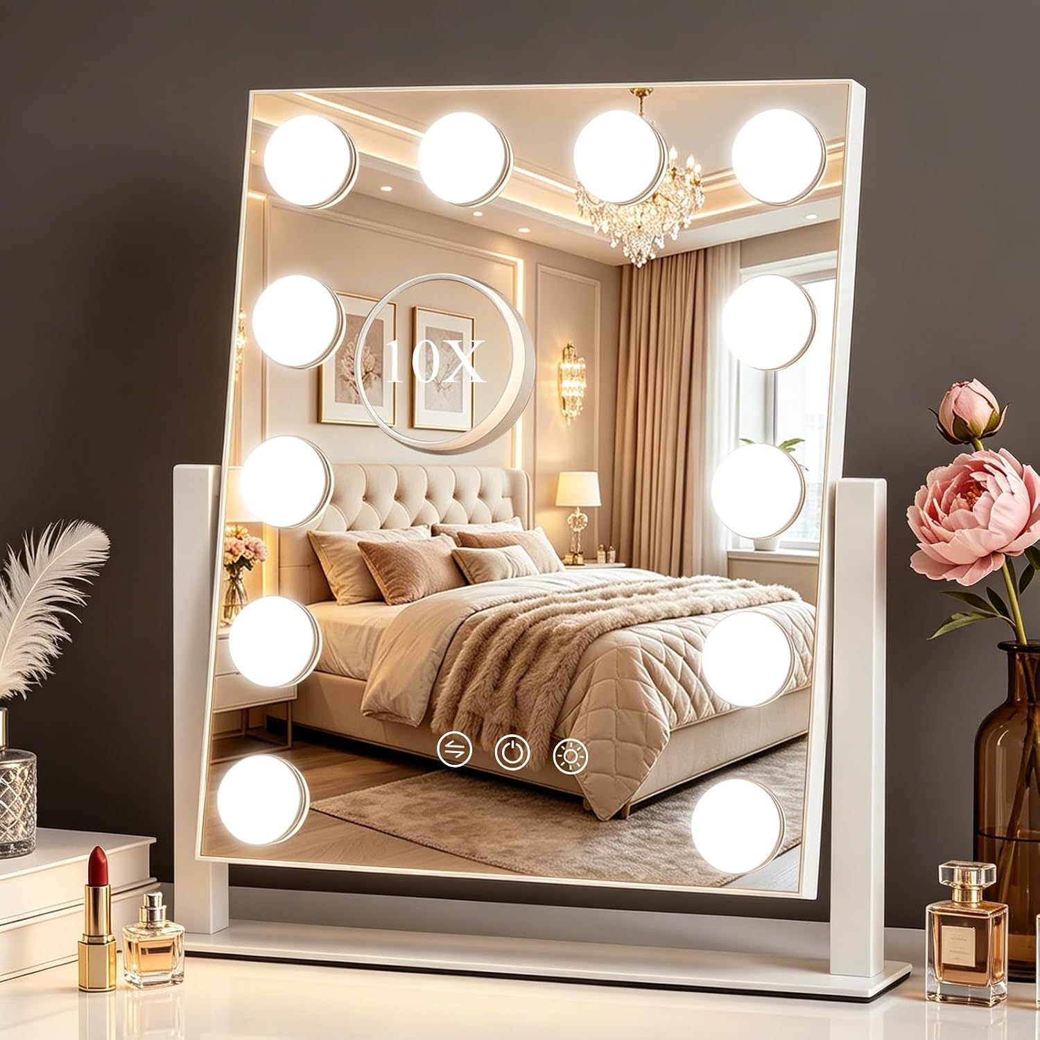 Kinsdan 12 LED Bulb Vanity Mirror with Lights 37 * 28cm Hollywood Mirror | Detachable 10X Magnification,Touch Switch,3 Color Dimmable,360° Rotatable,Type-C Port