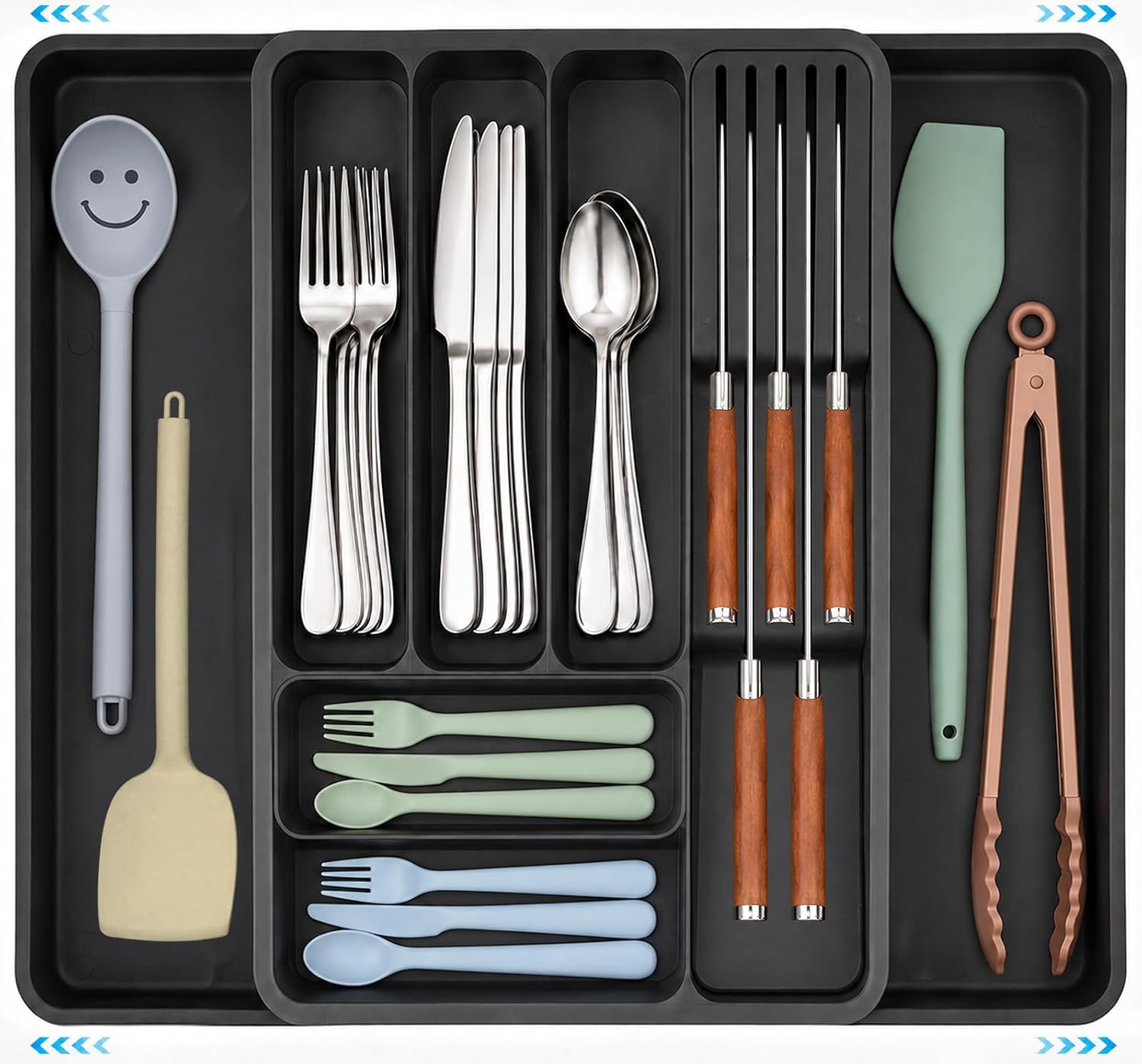 Cutlery Drawer Organiser, Expandable Utensil Drawer Organiser with 8 Compartments, 3-sided Cutlery Tray with Knife Organizer - 2-Tier Knife Storage, Adjustable Plastic Storage