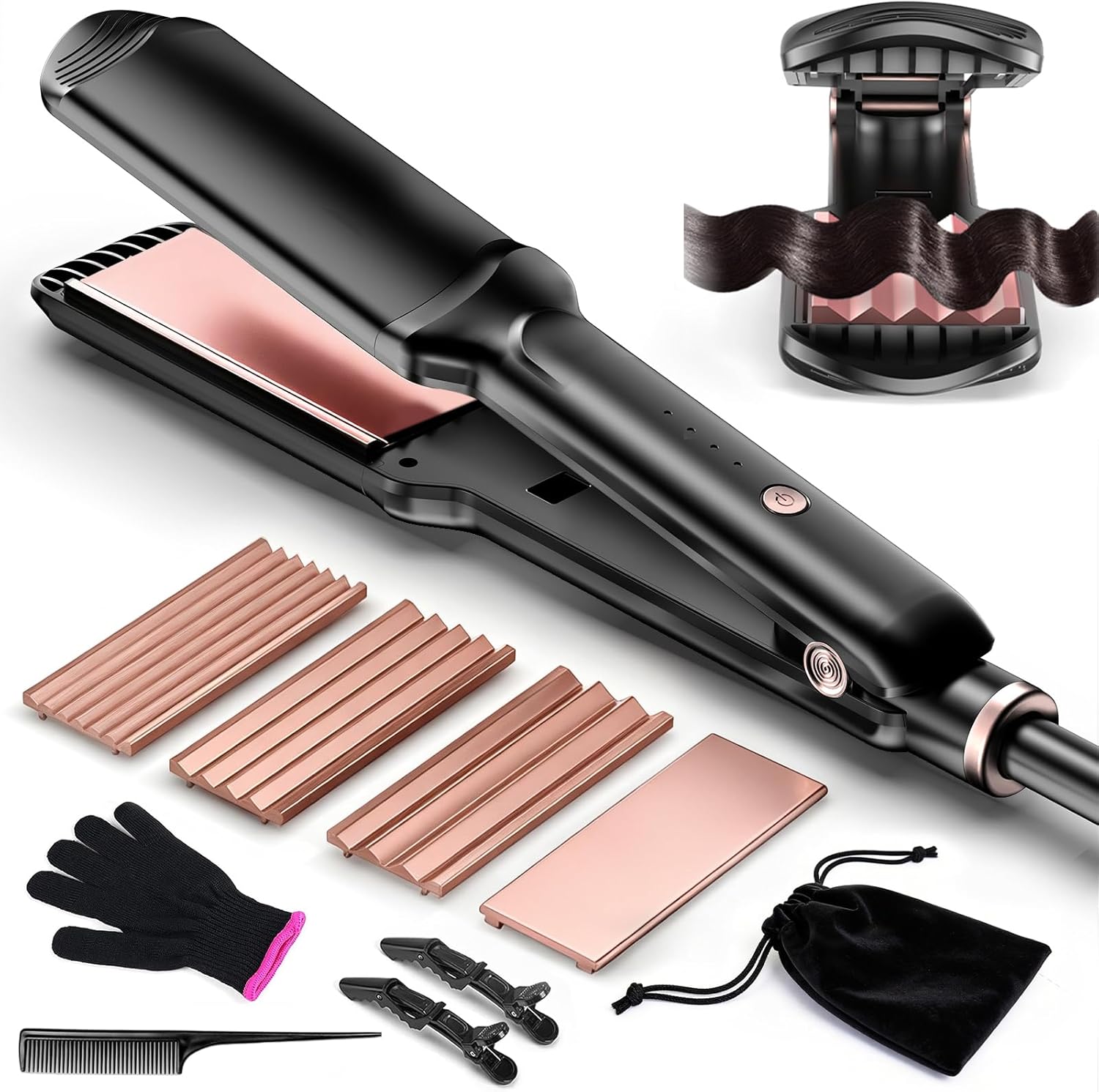 Hair Crimper for Women, 4-in-1 Ceramic Cripple Hair Iron Set | Create Zig Zag Waves,Crimps Smooth Styles,Negative Ions Tourmaline Ceramic Plates Healthy Shiny Less Frizz,Styling Tools