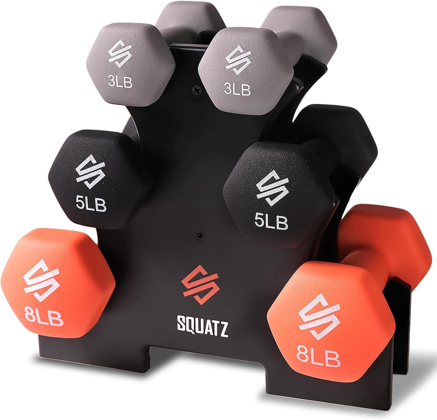 Squatz Dumbbell Set with Rack – Neoprene Hand Weights Set, 3 Pair Dumbbells (1.5kg, 2.5kg, 4kg) with Storage Stand for Home Exercise, Fitness and Strength Training