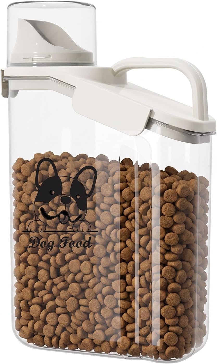 Dog Food Container, Clear Storage Bin with Top Cup and Handle for Pets | Clear Plastic, Daily Feeding, Spill-Free Pour Spout, Durable Pet Food Storage Container, Large Carry Handle, Easy-Grip
