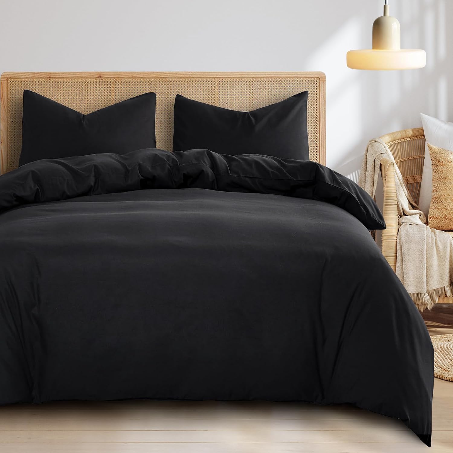 Wake In Cloud - Black Quilt Cover Set, 1000TC Ultra Soft Microfiber Doona Cover Bedding Set in Solid Plain Color (3pcs, King Size)