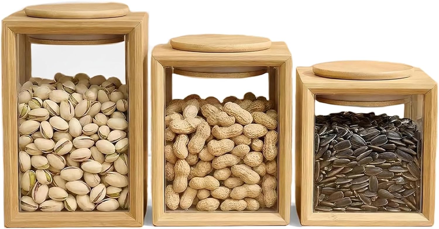3 Pcs Bamboo Cereal Storage Box, Kitchen Pantry Organizer Jar with Acrylic Window, Airtight Food Dispenser Container, Stackable, for Cereal, Rice, Snack, Candy, Coffee