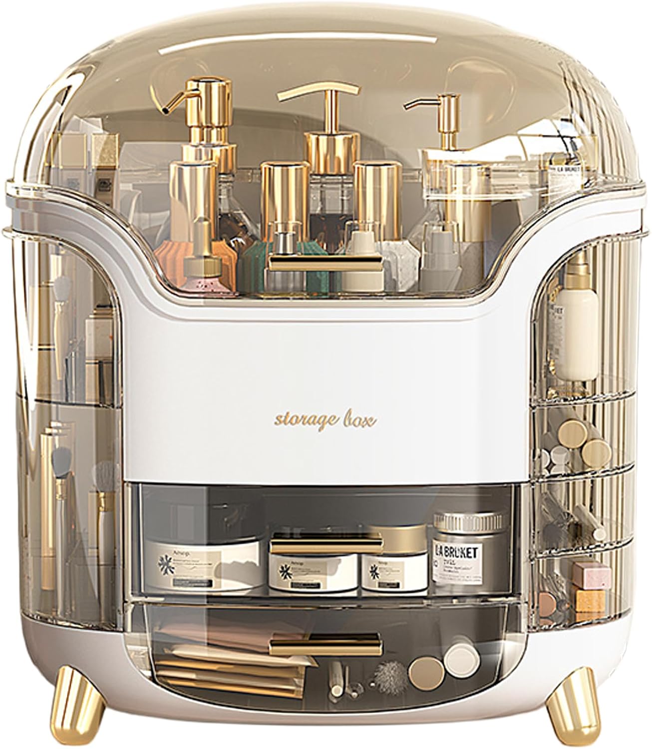 Dustproof Waterproof Makeup Organizer - White Portable Cosmetic Storage Box with Drawer Transparent Lid, Countertop Holder for Vanity Bedroom Bathroom Skincare