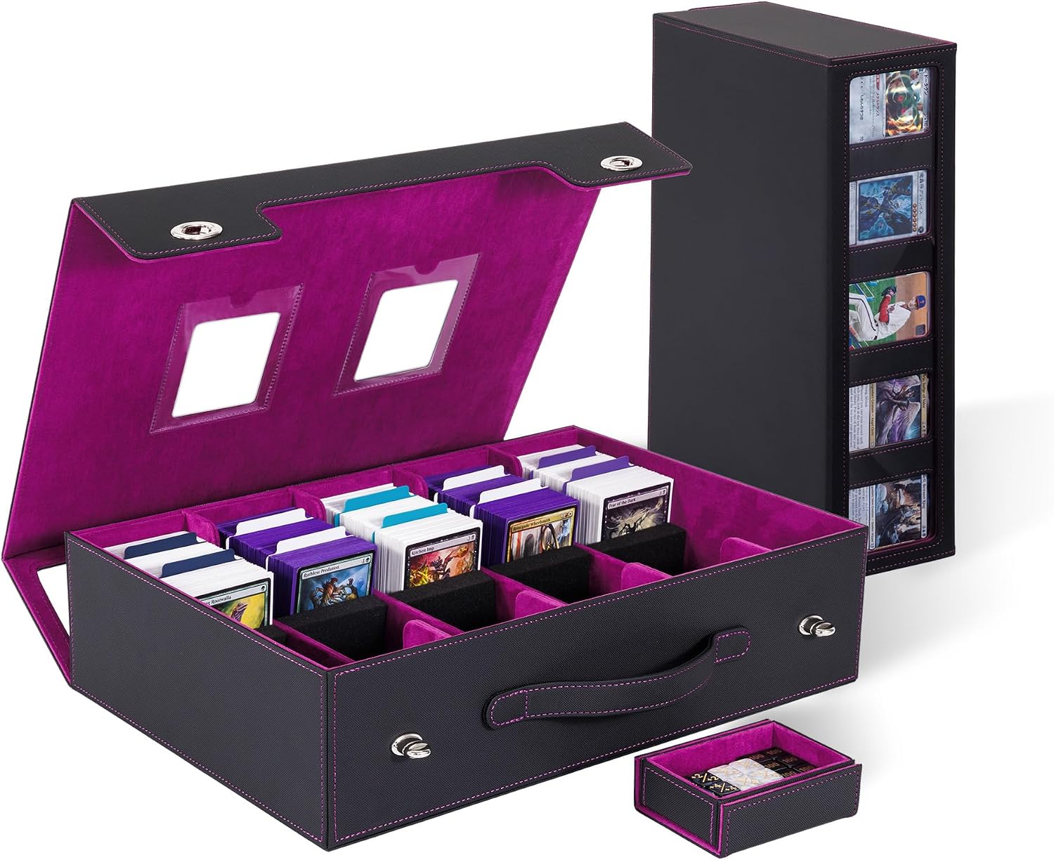 Trading Card Storage Box 3900+ with Portable Handle & Alloy Lock, 5-Row MTG Deck Box with Removable Dice Tray, Commander Display Card Case for Toploader TCG PTCG Sports Cards (Black&Purple)