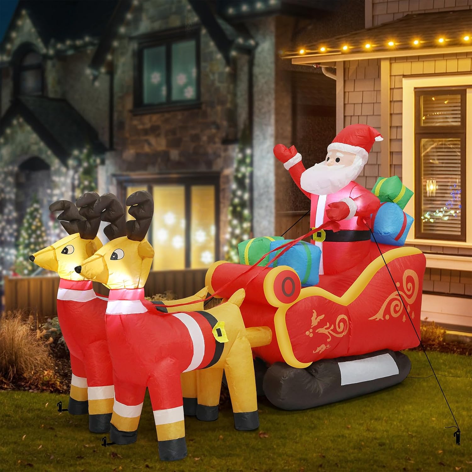 Santaco Christmas Inflatable Xmas Blow Up Reindeer Santa Decoration Built-in Fan 9 LED Light, Indoor & Outdoor, for Holiday Party Gifts, Yard, Lawn, Backyard, Home Garden Decor, 220CM X 60CM X 155CM