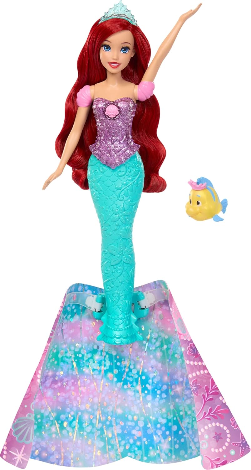 Mattel Disney Princess Ariel Human to Mermaid Transforming Doll Posable Fashion Doll with Tiara & Long Hair, Flounder Animal Figure with Tiara, Inspired by Disney Movie