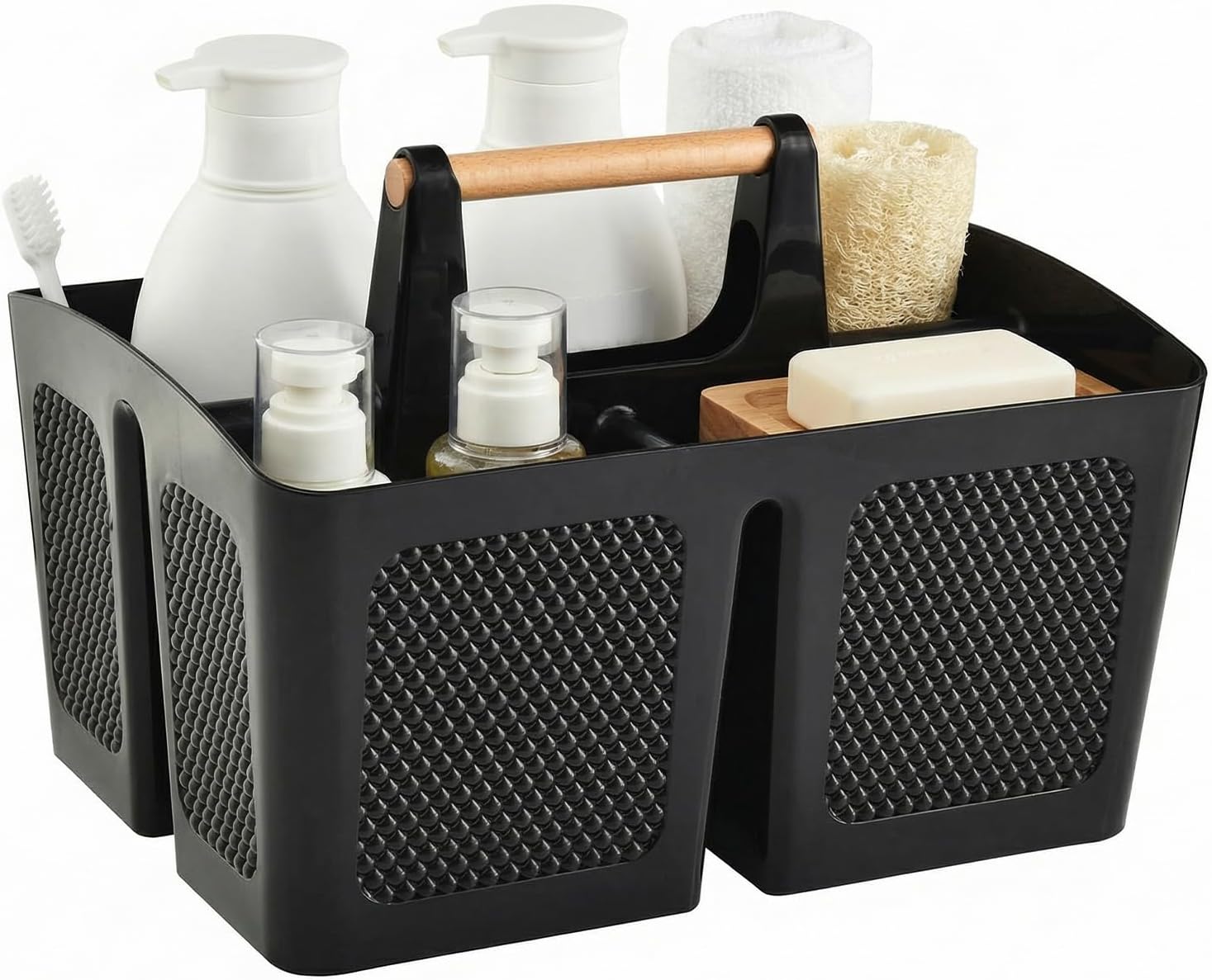 ALINK Portable Shower Caddy Basket with Compartments, Plastic Divided Cleaning Caddy Organiser Storage Tote with Handle for Bathroom, College, Dormitory Room Essentials - Black