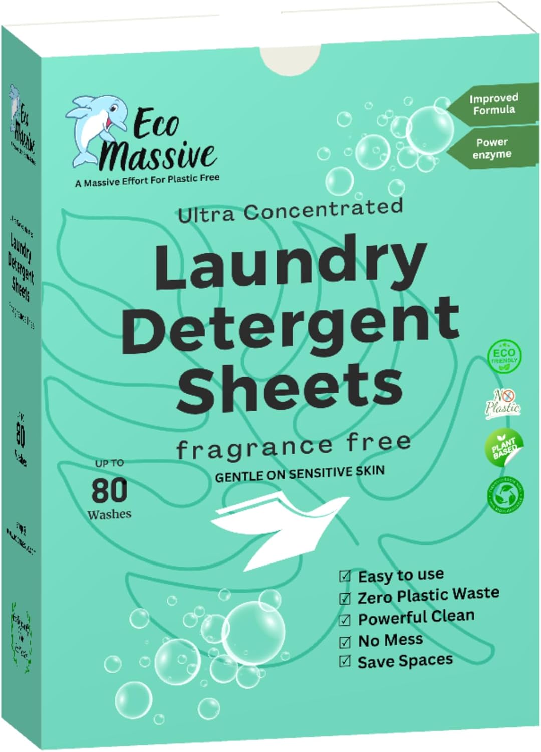 Eco Laundry Detergent Sheets, Ultra Concentrated & Fully Degradable Laundry Sheet Strips For Washing Clothes. Gentle clean- 80 Loads, Fragarance FREE- ECO Massive
