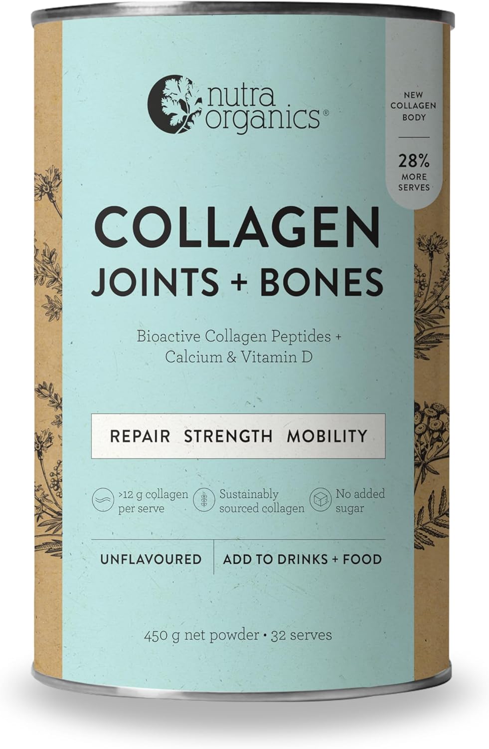 Nutra Naturals Collagen Joints + Bones Powder (Previously Collagen Body) 450g, FORTIGEL Bioactive Collagen Peptides + Vitamin D + Calcium, Supports Healthy Joints + Bones
