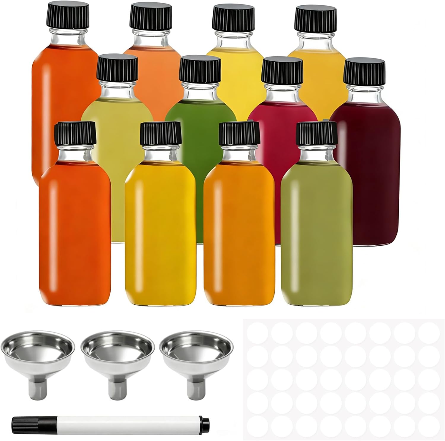 12 Pack 60ml Clear Glass Shot Bottles Set with Pouring Funnel, Small Glass Storage Containers for Hot Sauce, Whiskey, Liquids, Mini Reusable Bottles for Wedding Favors