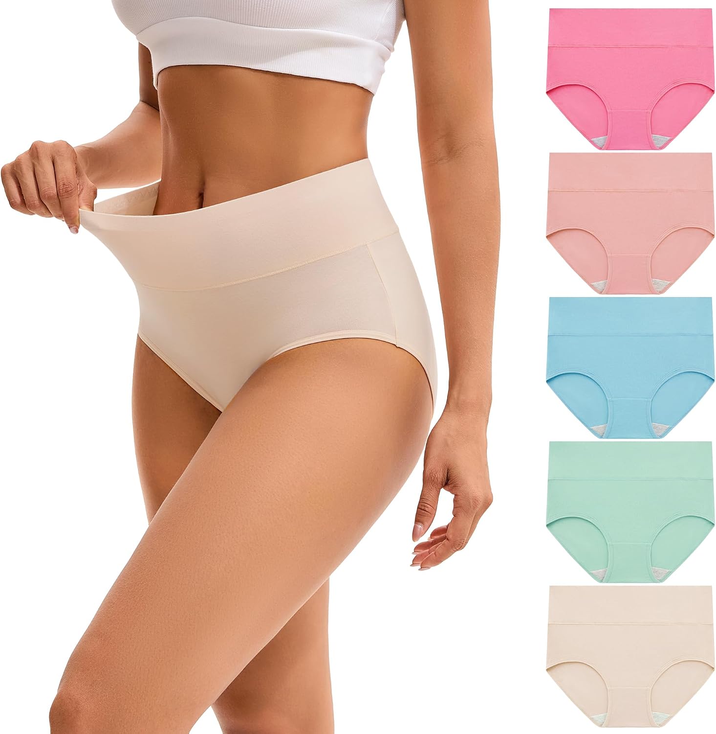 INNERSY Women's High Waisted Underwear Cotton Panties 5-Pack | Full Coverage, Wide and Flat Waistband, Light Tummy Support, No Wedgies, Stay in Place, Stretch Fit, All-Day Comfort