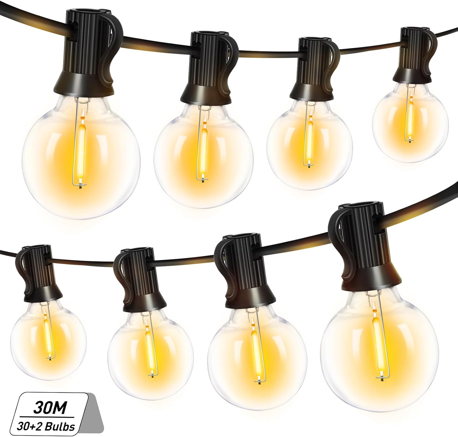 Roshin 30M Festoon Lights Outdoor with 30 Bulbs+2 Spares - LED Outdoor Light, Christmas String Lights, Waterproof and Shatterproof Festoon Light for Garden, Party, Camping (G40)