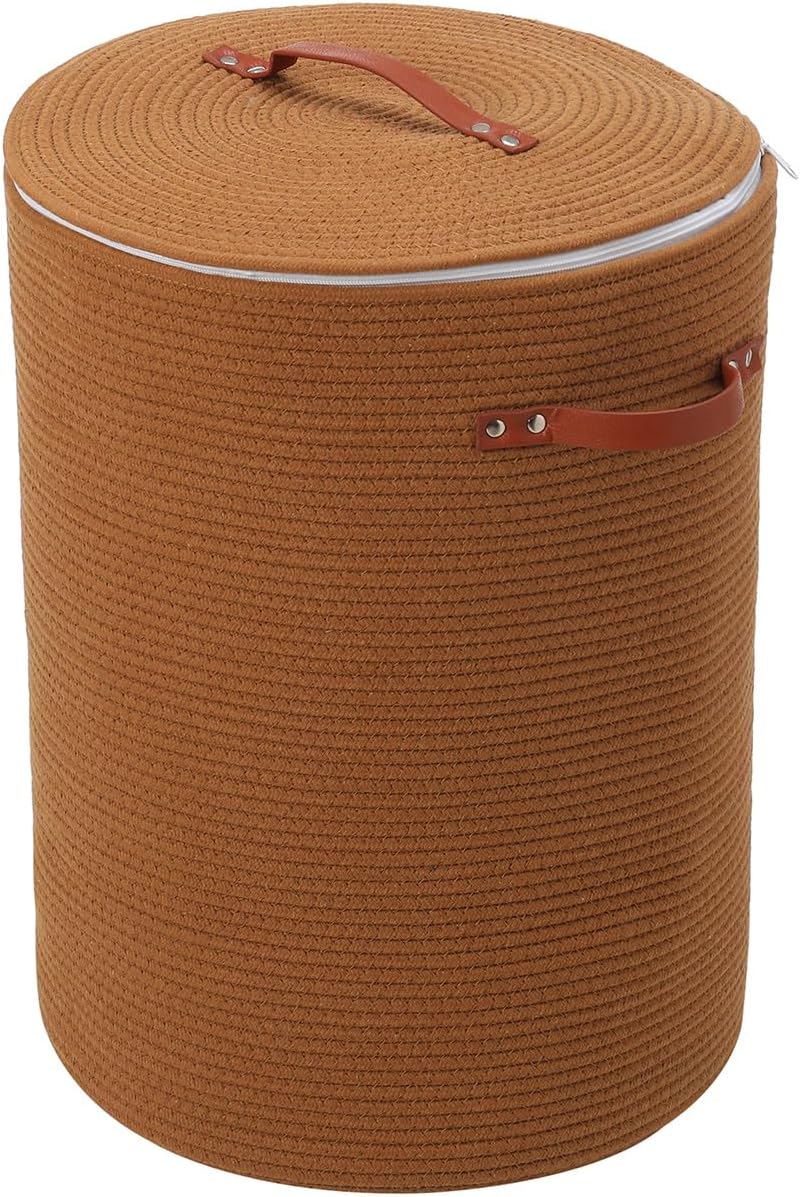 Extra Large Cotton Rope Storage Basket with Lid and Zipper, Versatile Laundry Hamper and Cloth Bin for Clothes, Towels, Blankets, Living Room Organization (All Orange Brown, 16"x20")