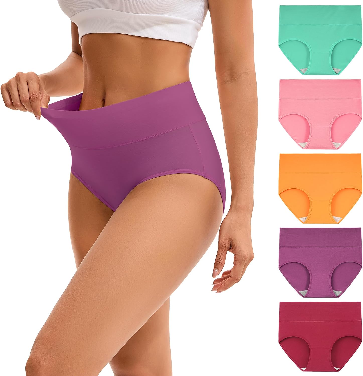 INNERSY Women's High Waisted Underwear Cotton Panties 5-Pack | Full Coverage, Wide and Flat Waistband, Light Tummy Support, No Wedgies, Stay in Place, Stretch Fit, All-Day Comfort