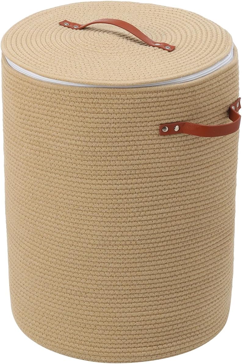 Extra Large Cotton Rope Storage Basket with Lid and Zipper, Versatile Laundry Hamper and Cloth Bin for Clothes, Towels, Blankets, Living Room Organization (All Beige, 16"x20")