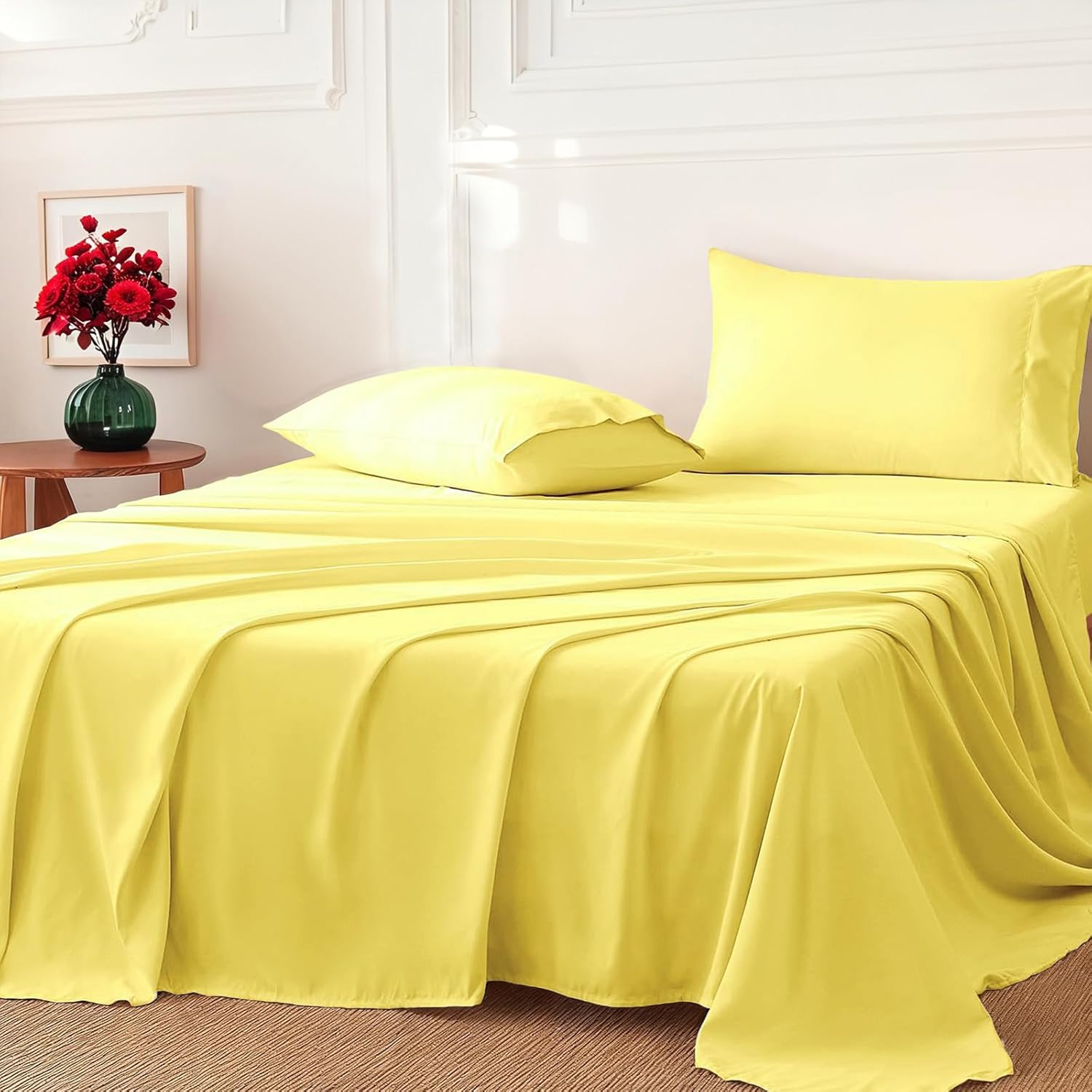 Queen Size Bed Sheets Set - 4PC (Fitted Sheet, Flat Sheet, Pillowcase) - 2000TC Ultra Soft Microfiber Breathable Bedding - Luxury Hotel Style, Yellow