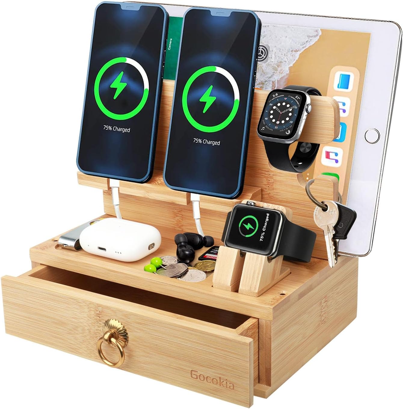 Multifunctional Bamboo Stands, Dual Cell Phone Holder, Tablet Storage Stand, Watch Storage Hanger, Bamboo Cell Phone Holder with Drawer