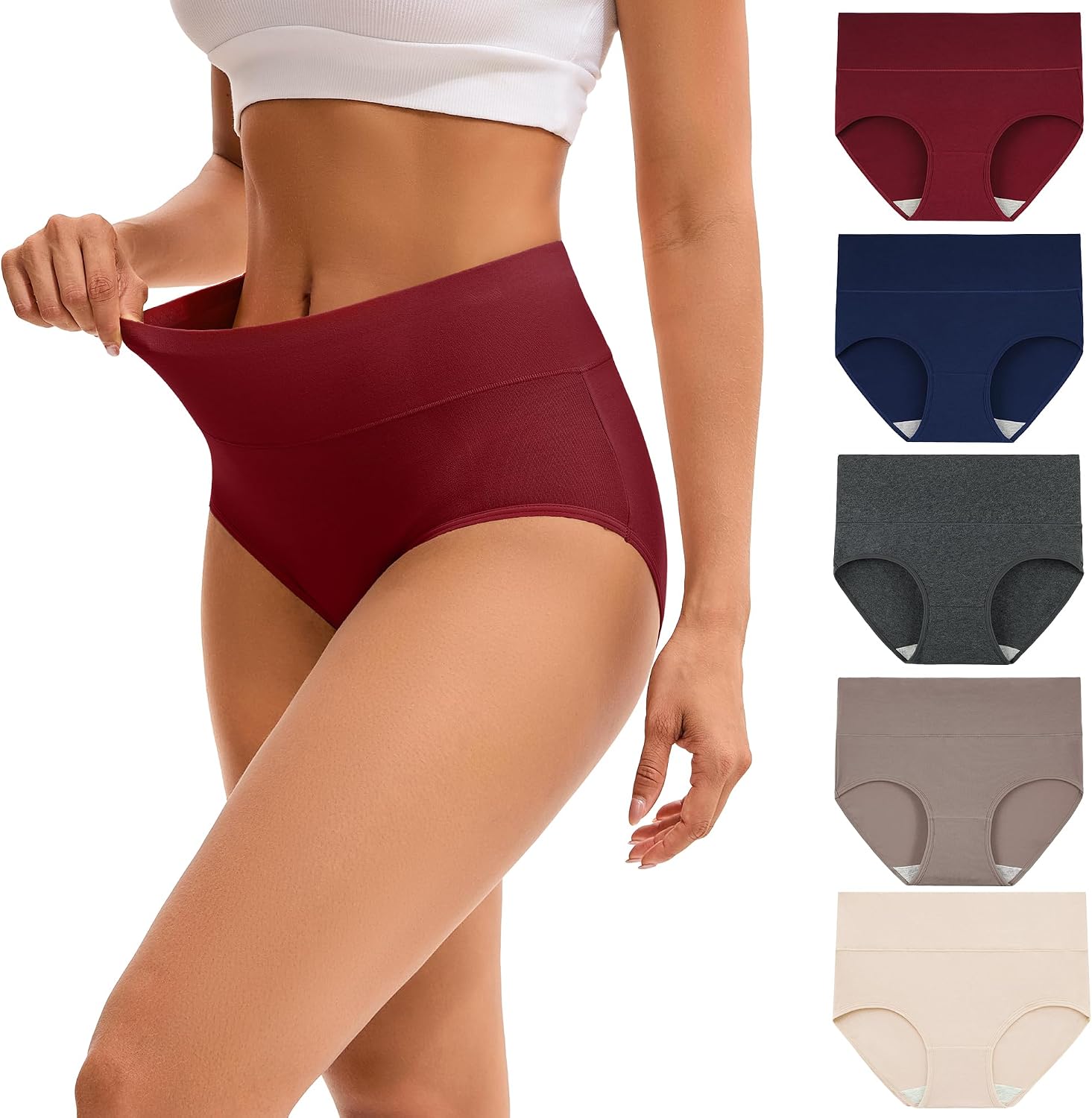 INNERSY Women's High Waisted Underwear Cotton Panties 5-Pack | Full Coverage, Wide and Flat Waistband, Light Tummy Support, No Wedgies, Stay in Place, Stretch Fit, All-Day Comfort