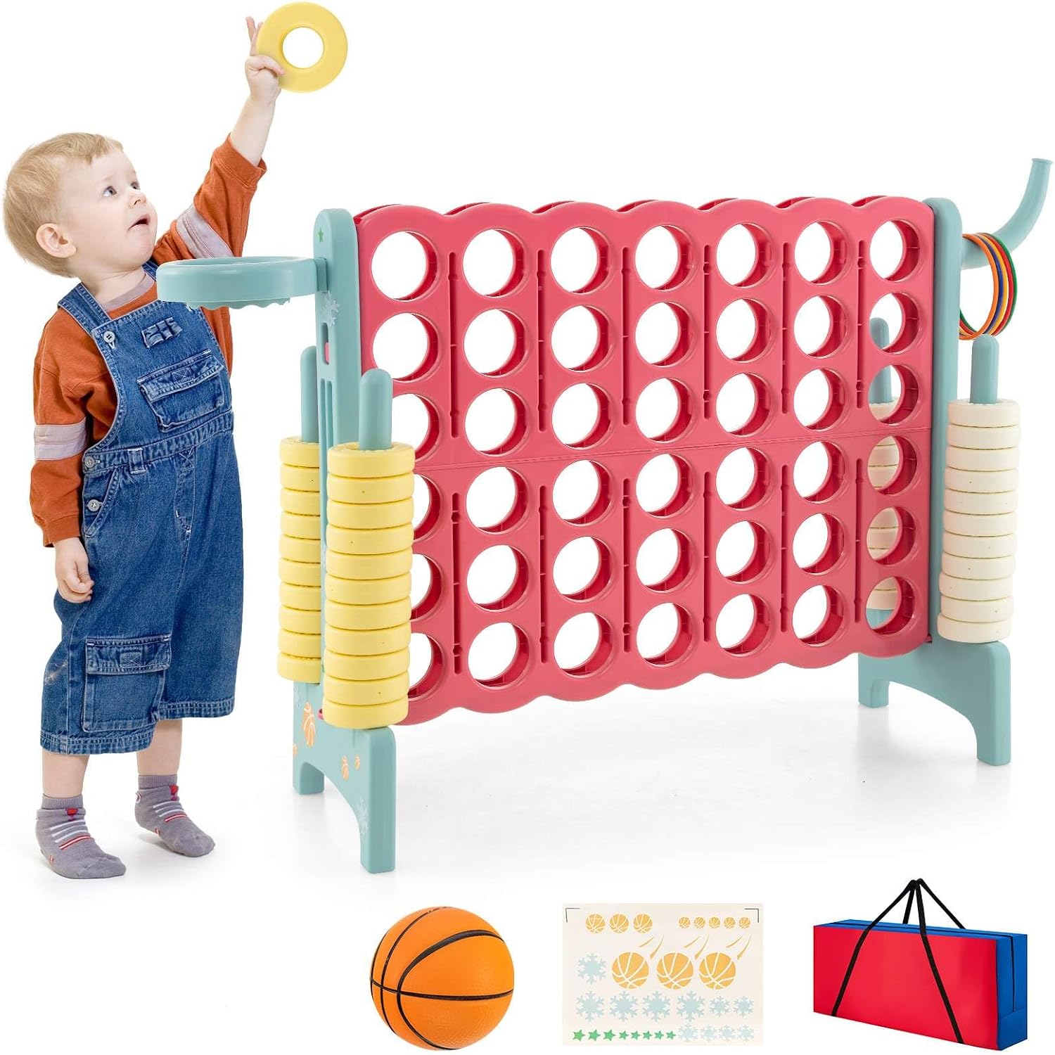 HONEY JOY Giant 4-in-a-Row Game, 4-to-Score Giant Game Set w/Basketball Hoop & Toss Ring, 42 Easy Gripped Rings, Quick Reset Lever, Indoor & Outdoor Game Set for Family Gatherings, Parties