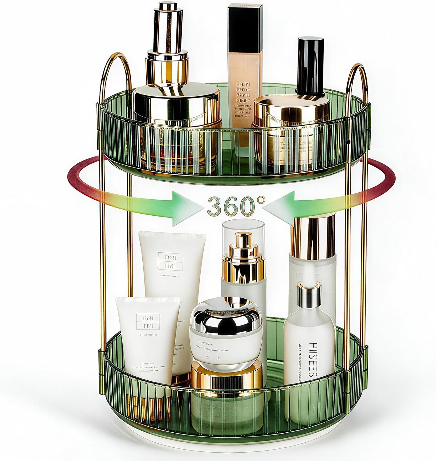 360 Rotating Makeup Organizer for Vanity, Large Capacity Spinning Perfume Organizer, Bathroom Organizer, Cosmetic Skincare Holder Organizer for Countertop (Gem green, 2 Tier)