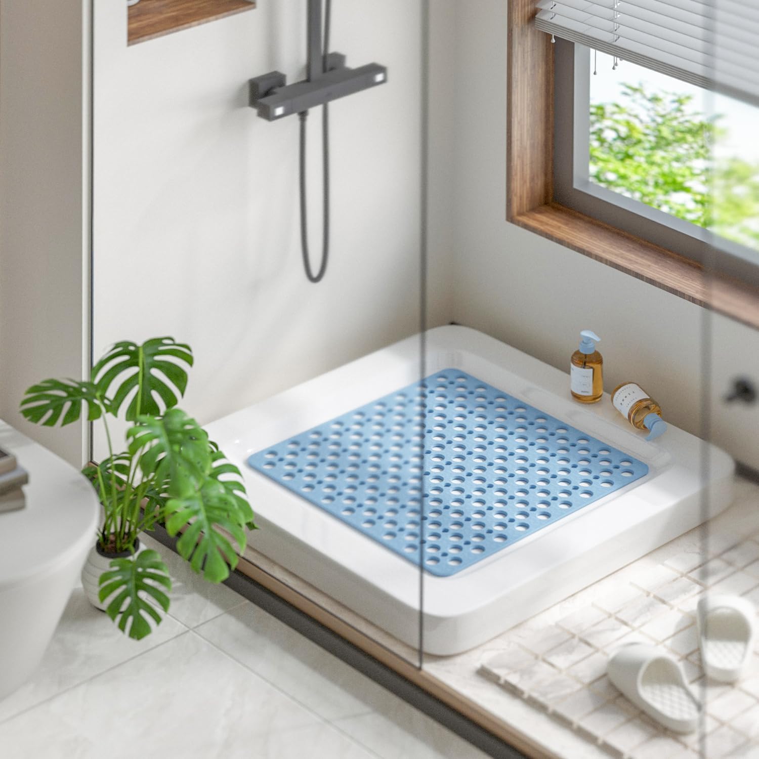 Squre Shower Mat, 21 x 21 inch, Non Slip Bath Shower Mat for Inside Shower, Anti Slip Shower Stall Mat, Bath Mat with Big Suction Cups, Drain Holes (Blue, 53 x 53cm)