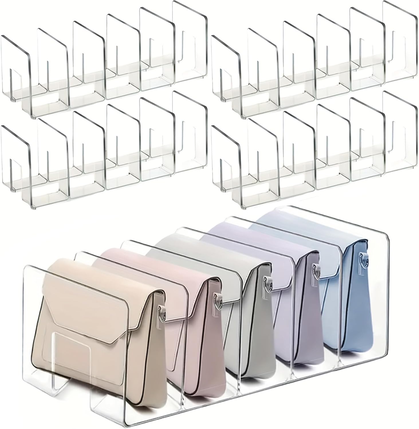 4 Pack 5-Grid Handbag Organizer, Closet Wallet Organizer, Transparent Compartment Rack, Stackable Wardrobe Bag Compartment Rack, Suitable for Wardrobes, Bathrooms, and Bookshelves