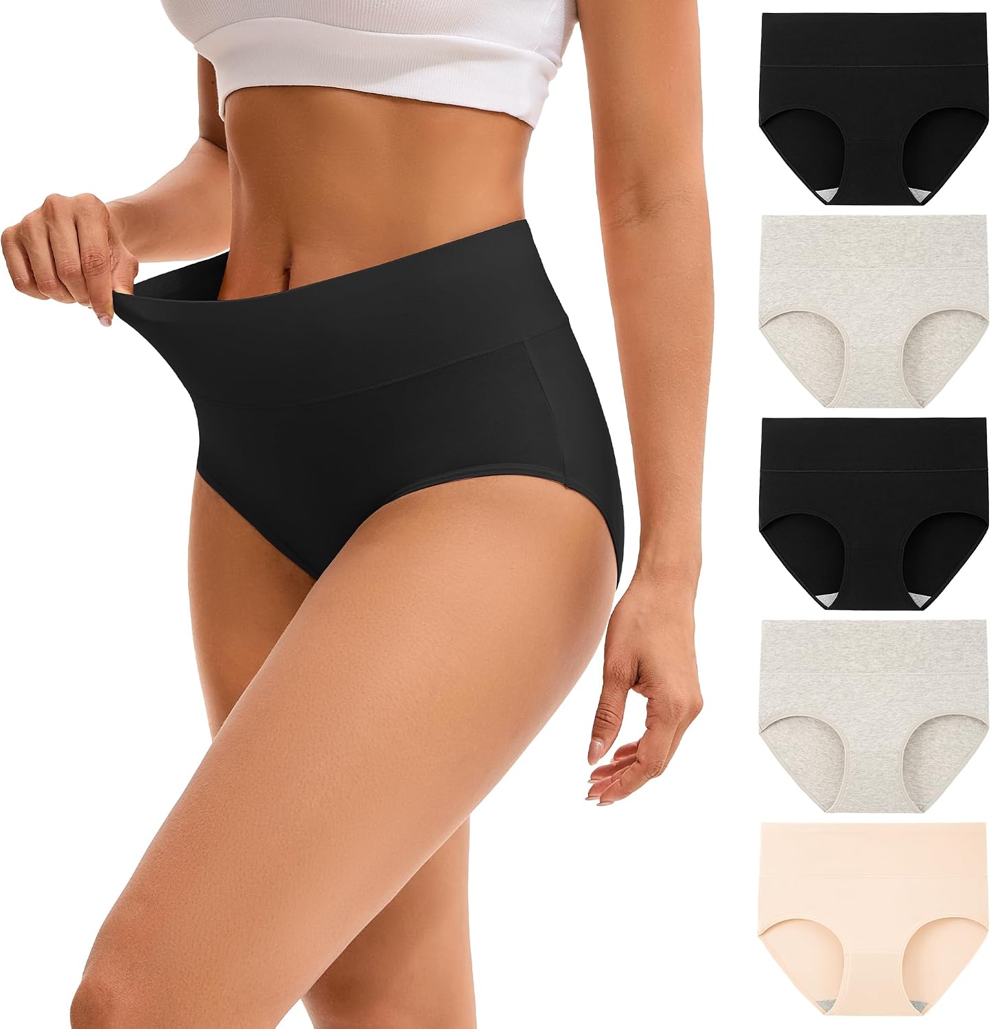 INNERSY Women's High Waisted Underwear Cotton Panties 5-Pack | Full Coverage, Wide and Flat Waistband, Light Tummy Support, No Wedgies, Stay in Place, Stretch Fit, All-Day Comfort