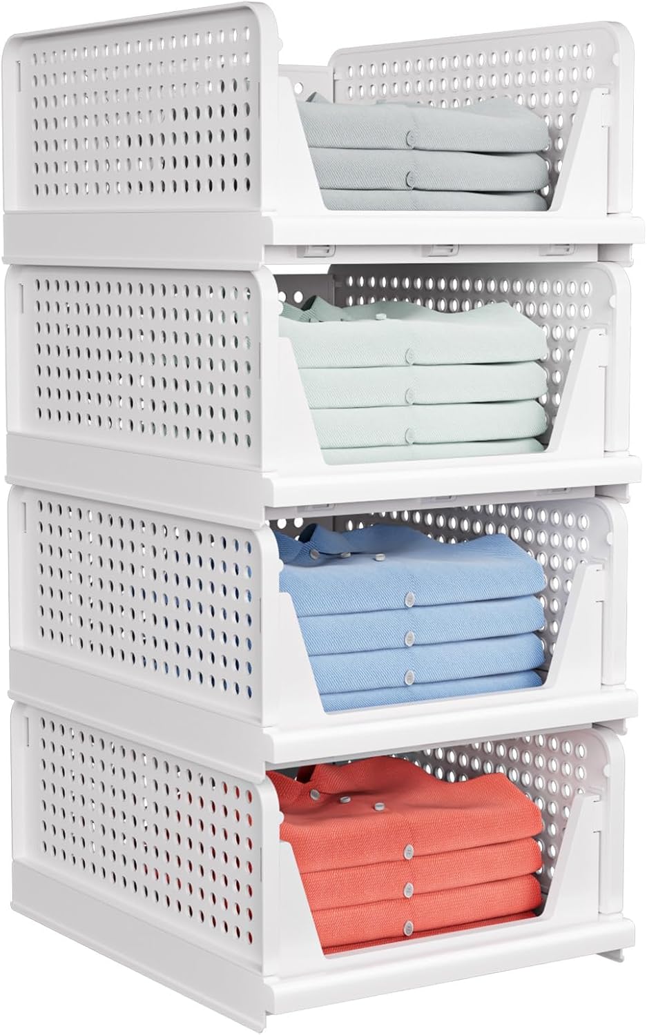 4 Pack Stackable Closet Organizers and Storage Basket - Plastic Storage Bins, Multifunctional & Foldable Closet Organizer for Wardrobe Kitchen Bathroom Office Dorm,White