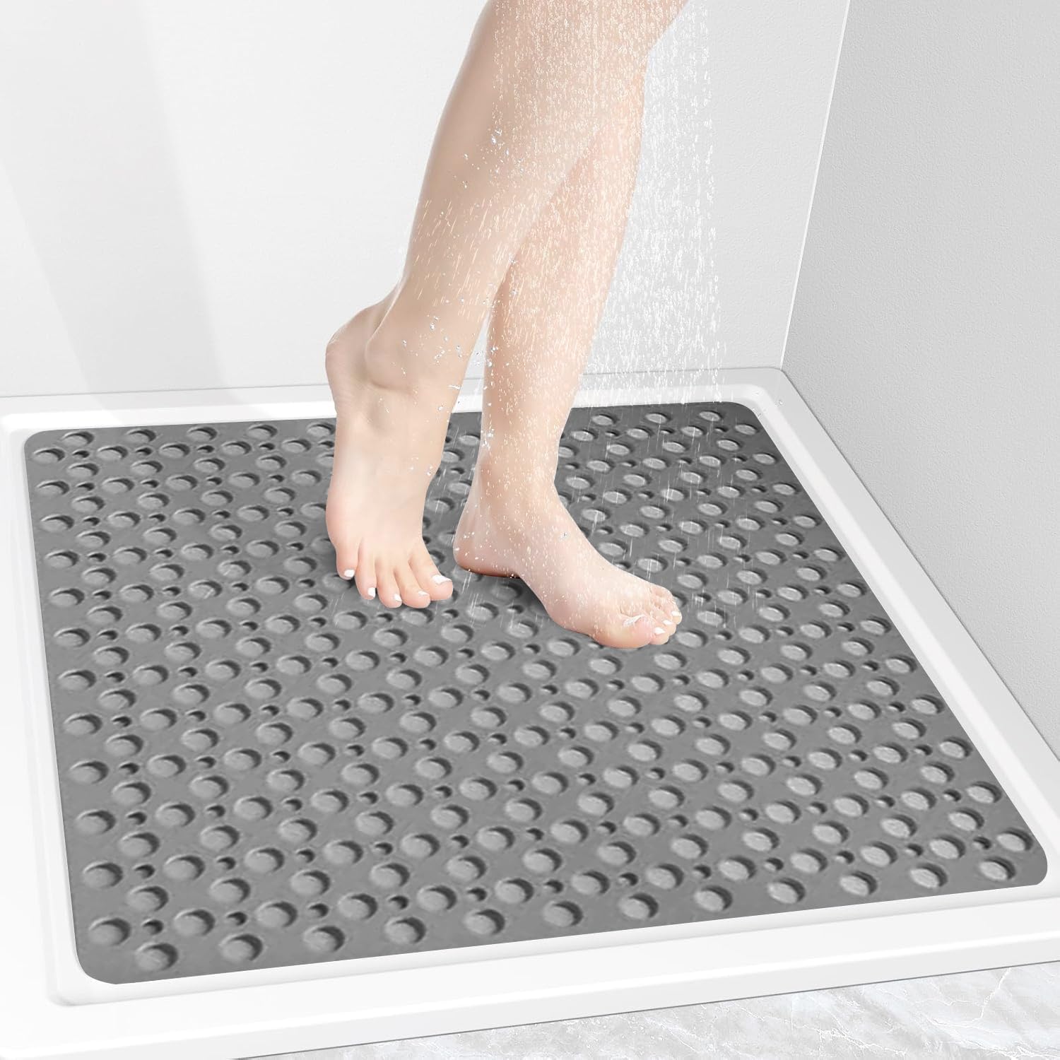 Extra Large Shower Mat, 27.5 x 27.5 inch, Non Slip Bath Shower Mat for Inside Shower, Anti Slip Shower Stall Mat, Bath Mat with Big Suction Cups, Drain Holes (Grey, 70 x 70cm)