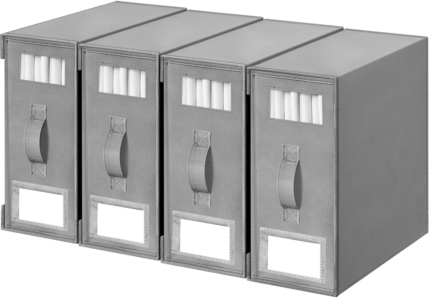 4-Pack Linen Closet Organizer Set - Foldable Bedding Storage Boxes with Clear View Windows, Space-Saving Sheet Organizers for King/Queen Sets, Duvets & Blankets (4, Grey)
