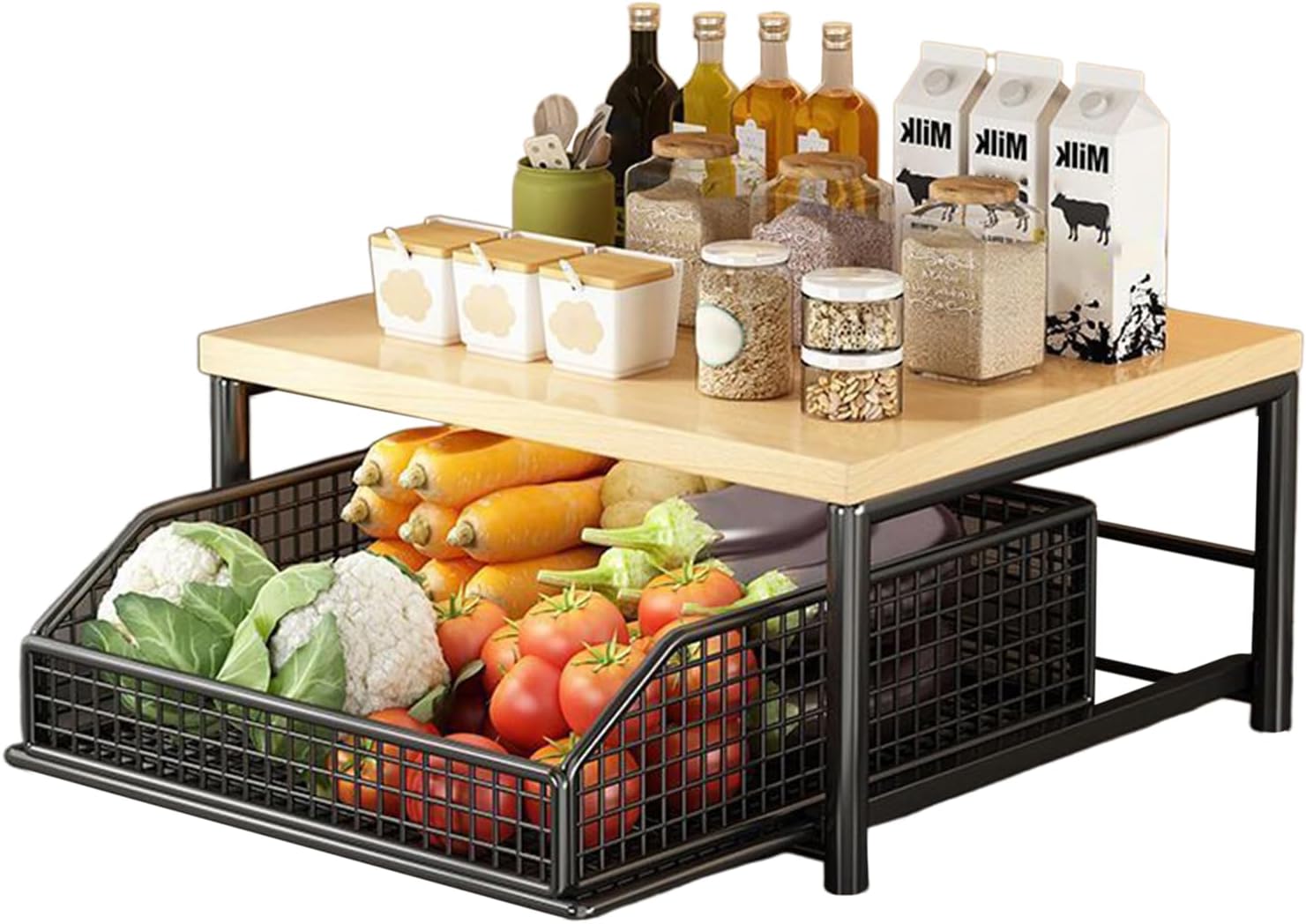 Vertical Kitchen Organizer Rack, 2 Tier Standing Storage Shelf With Drawers, Coffee Machine Stand, Kitchen Counter Organizer With Drawer& Wire Basket, Ideal For Kitchens, Pantry, Bathroom, Garage