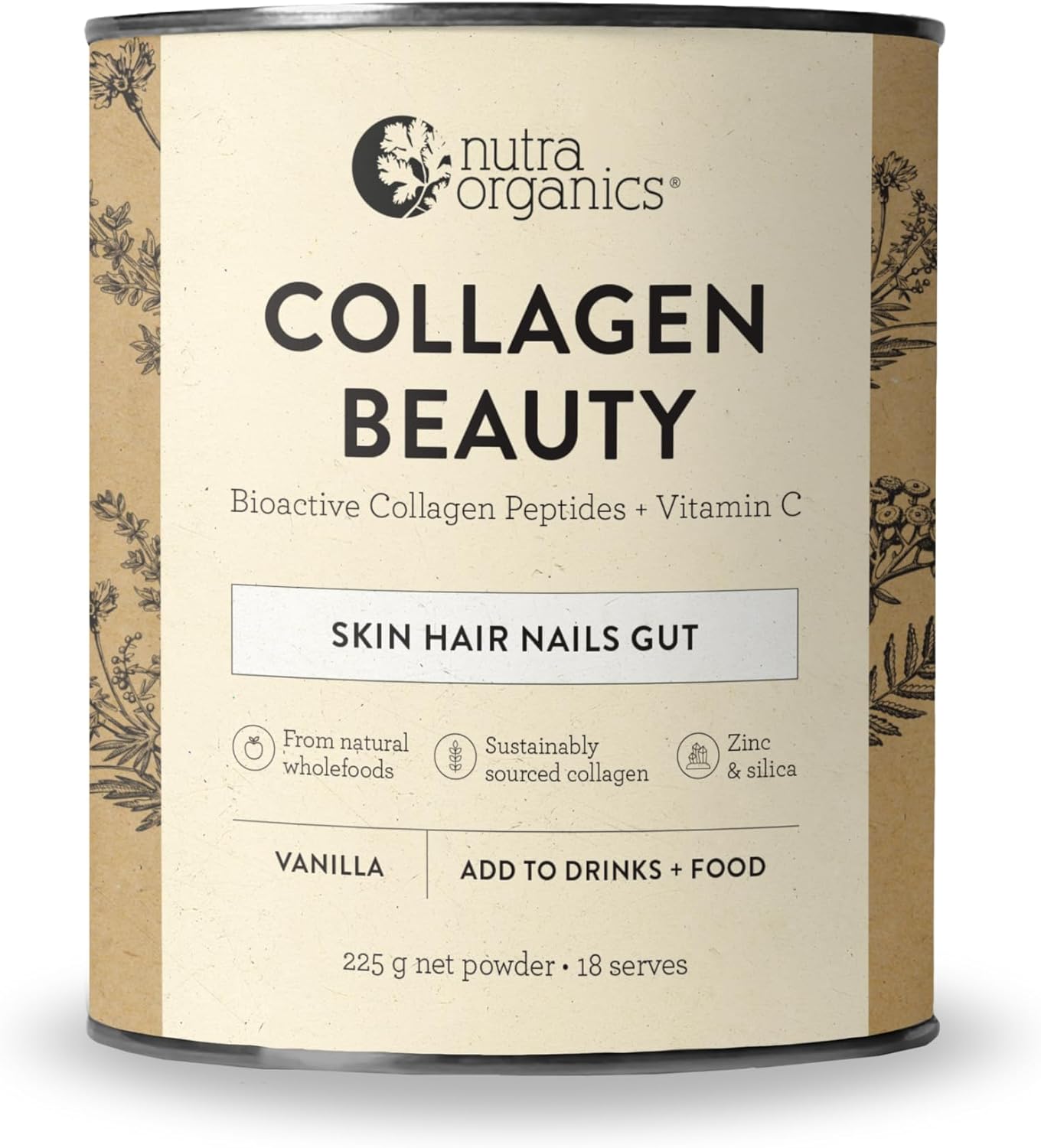 Nutra Naturals Collagen Beauty Vanilla 225g, Bioactive Collagen Peptides + 100% RDI Vitamin C, Supports Skin, Hair, Nails + Gut