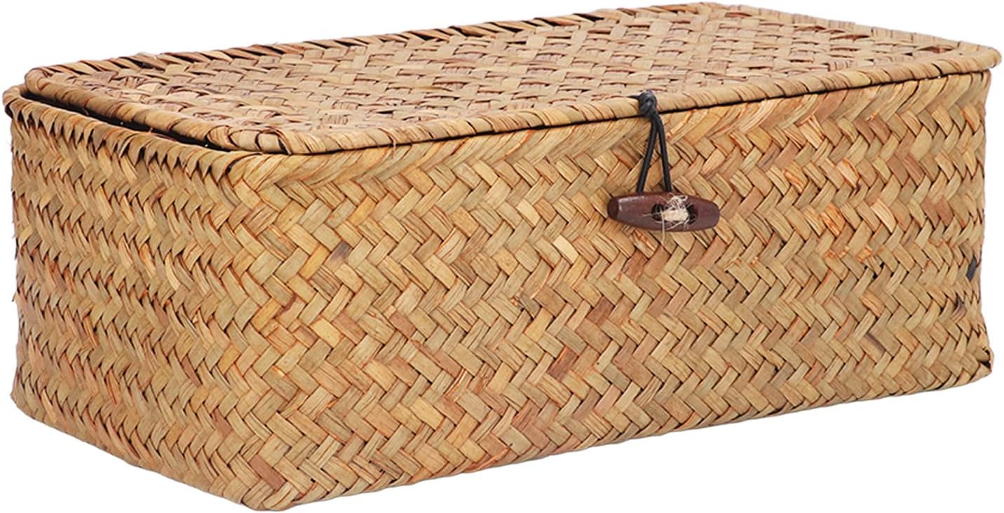Seagrass Woven Rectangular Storage Basket with Lid for Desktop Organizer, Shelf Bins for Office and Bedroom (S)