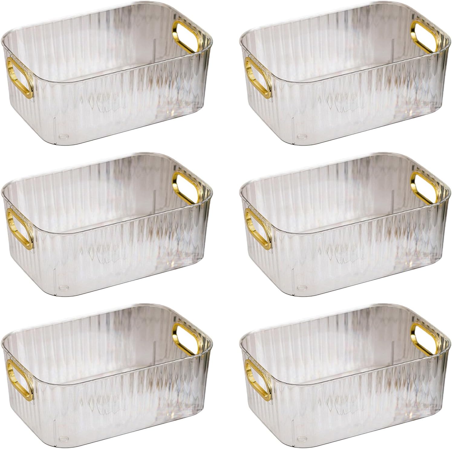 Clear Storage Organizer Bins, 6 Pack Plastic Containers with Gold Handles, Stackable Storage Box for Kitchen, Bathroom, Living Room, 9.25 x 6.3 x 3.34 inches (M, 6 Pack, Clear)