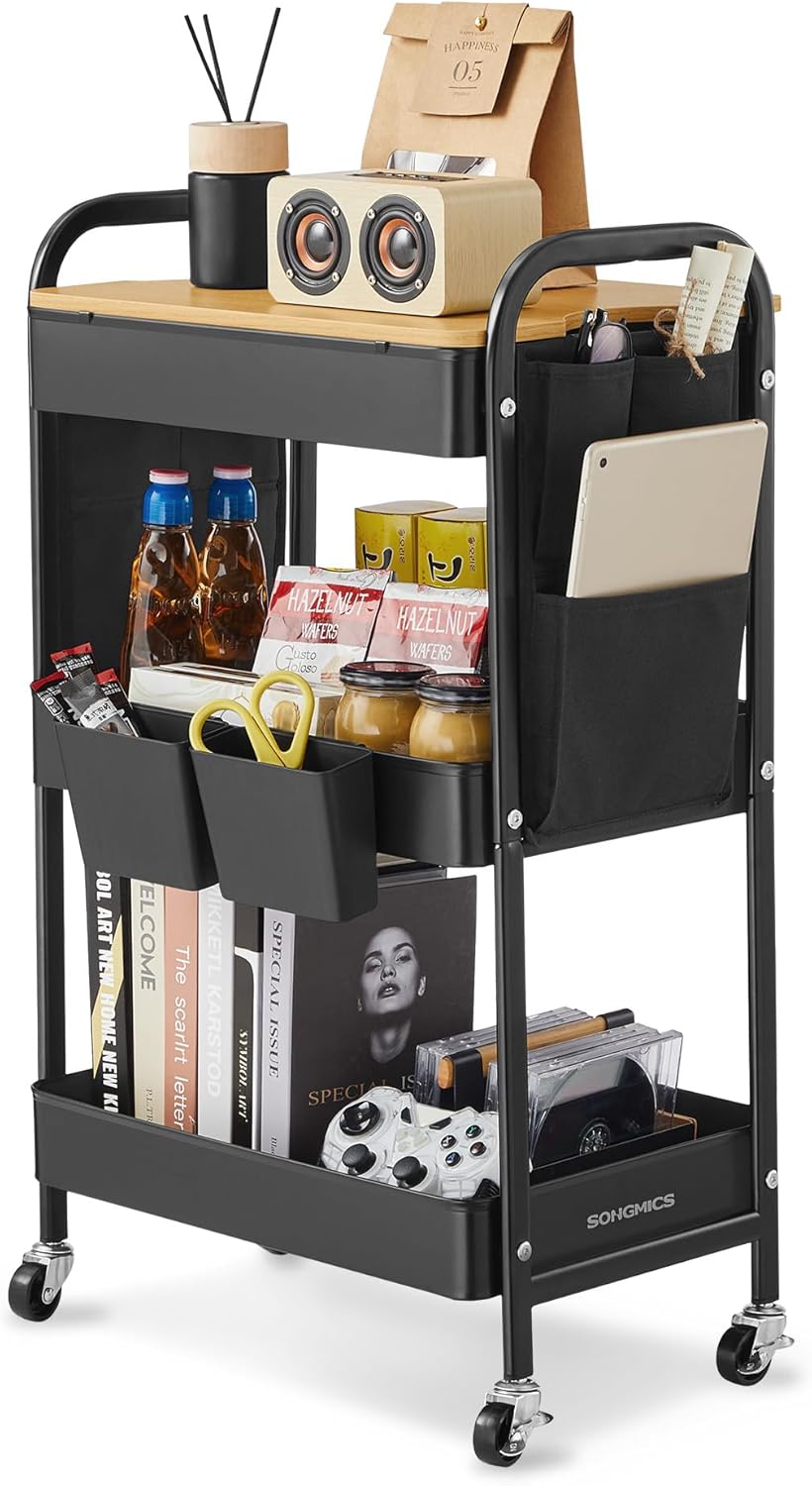 SONGMICS Rolling Cart Kitchen Cart 3 Metal Mesh Shelves Serving Trolley 2 Removable Hanging Containers 2 Organisers for Office Kitchen Living Room Bathroom Ink Black LRC036B01