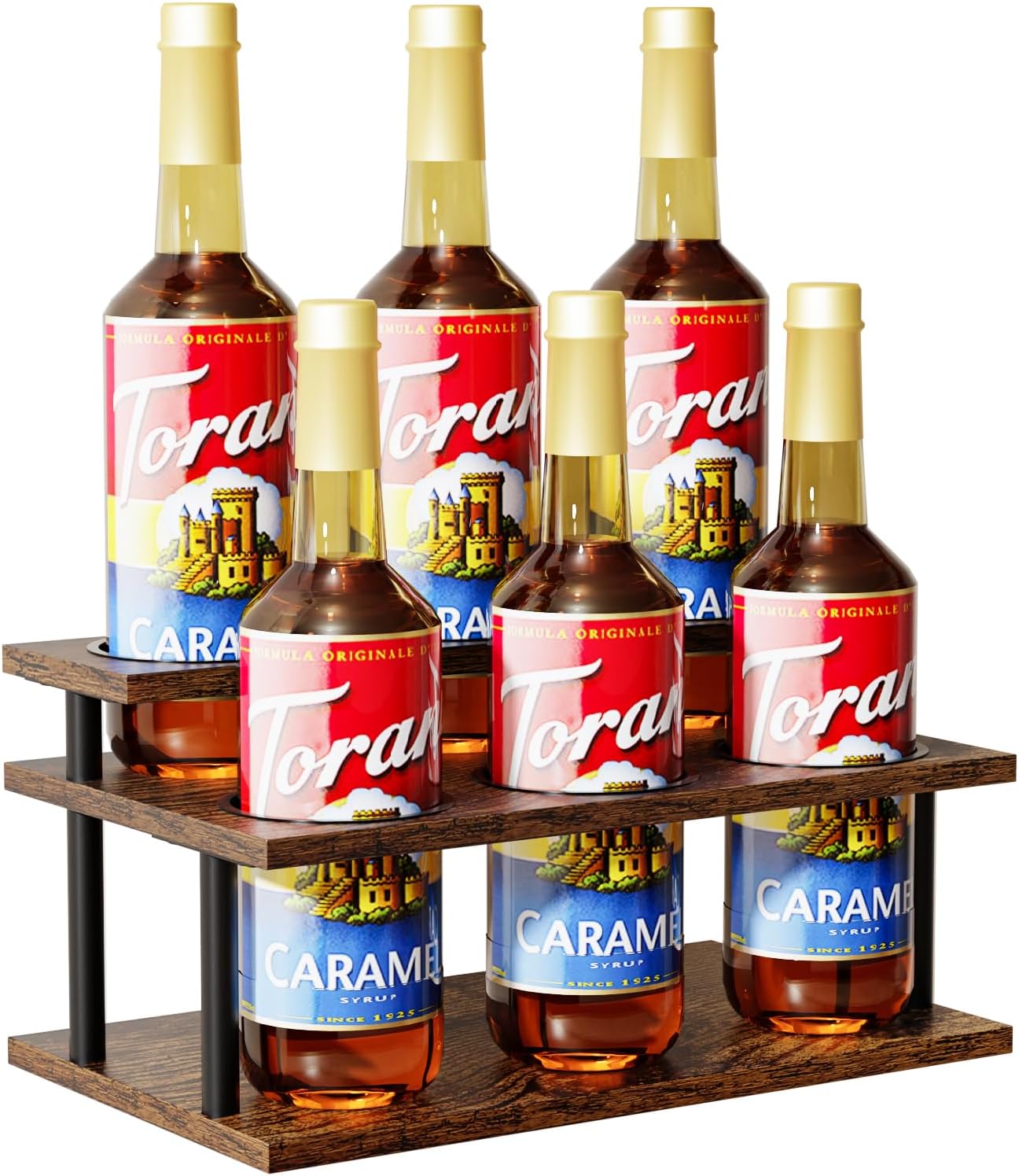 KLM Coffee Syrup Organizer, 2-Tier Wooden Display Rack, 6-Bottle Capacity, Black Counter Stand for Syrups and Condiments