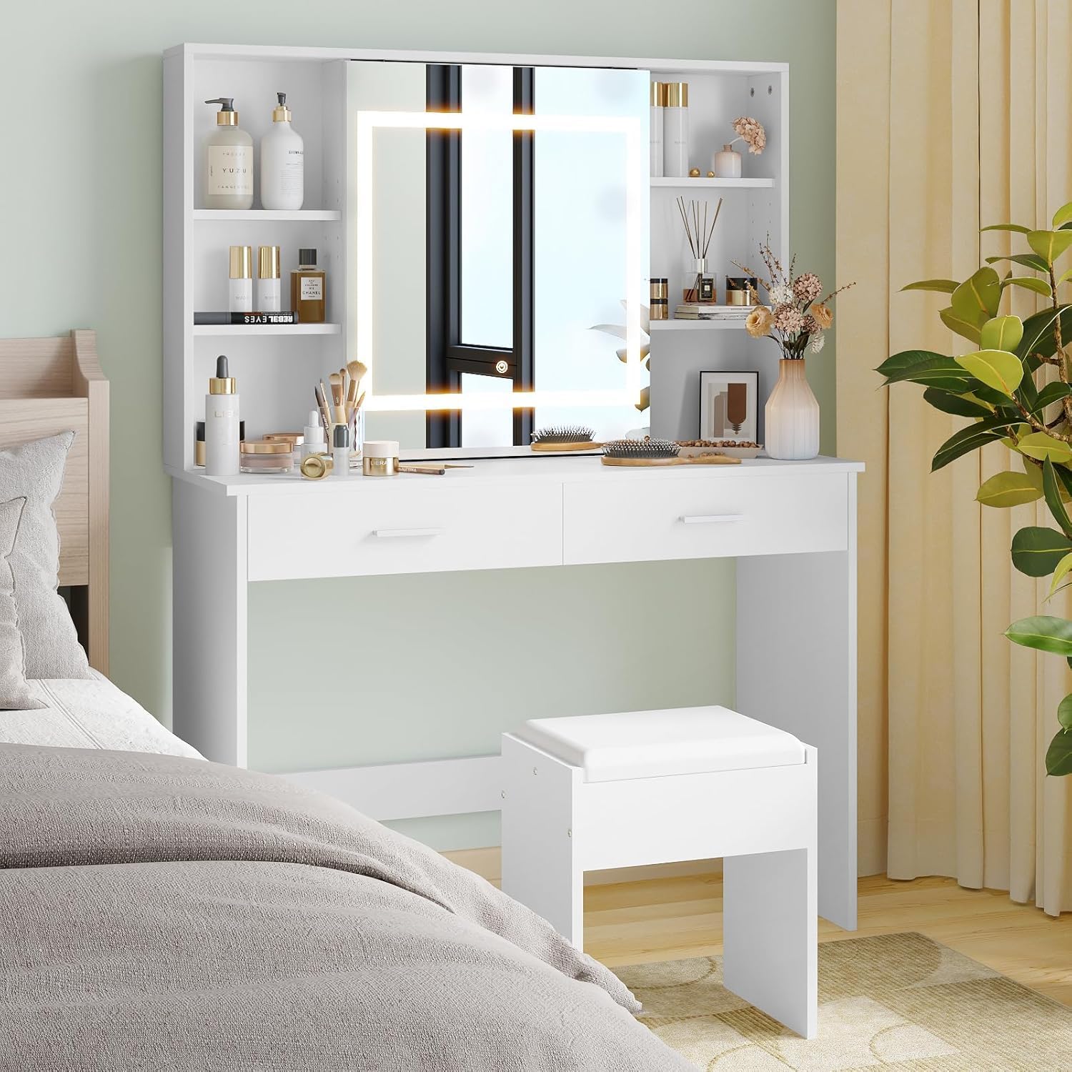 Advwin Dressing Table Stool Set with Slide LED Mirror, Make UP Vanity Desk with 2 Storage Drawers and Open Storage Shelf for Home Bedroom Furniture, White